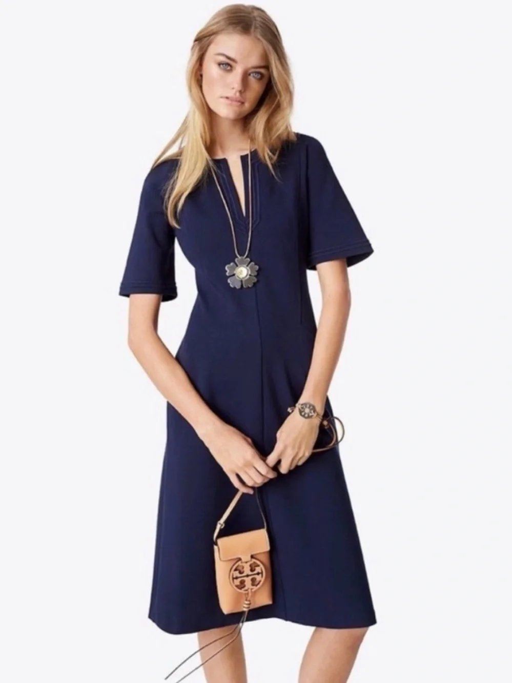Tory Burch Jules Structured Navy Midi Dress NWOT